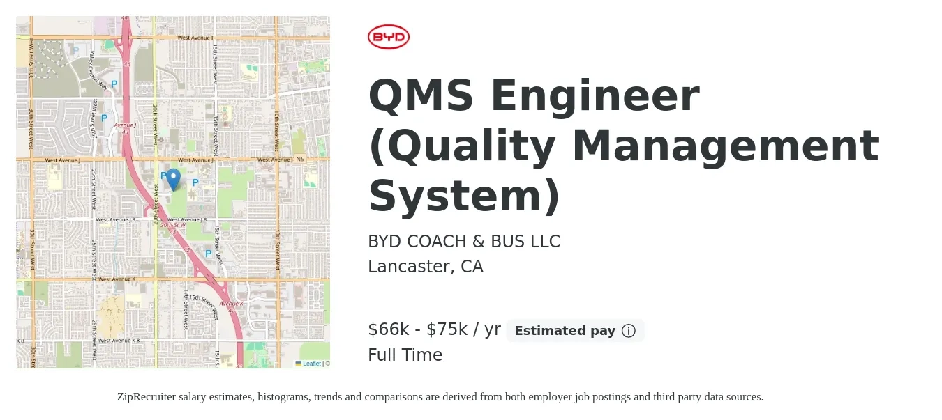 BYD COACH & BUS LLC job posting for a QMS Engineer (Quality Management System) in Lancaster, CA with a salary of $66,560 to $75,000 Yearly with a map of Lancaster location.