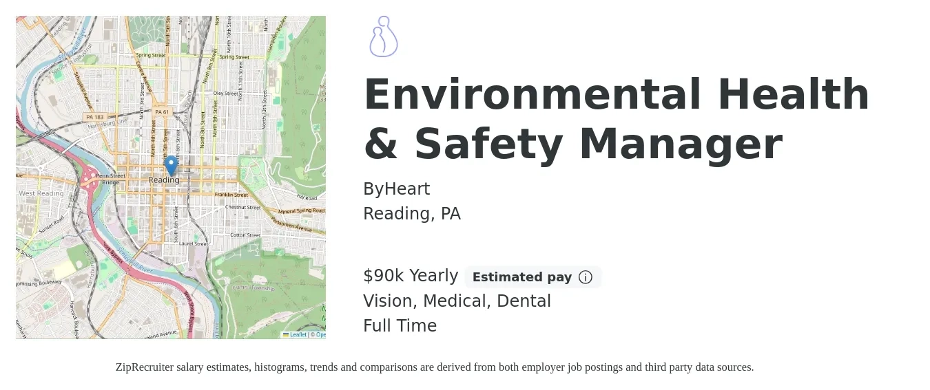 ByHeart job posting for a Environmental Health & Safety Manager in Reading, PA with a salary of $90,000 Yearly and benefits including dental, life_insurance, medical, pto, retirement, and vision with a map of Reading location.