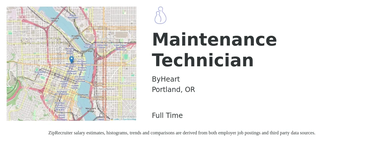 ByHeart job posting for a Maintenance Technician in Portland, OR with a salary of $20 to $28 Hourly with a map of Portland location.