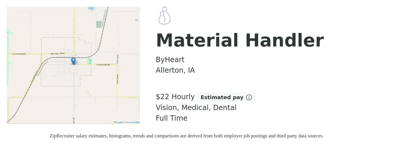 ByHeart job posting for a Material Handler in Allerton, IA with a salary of $23 Hourly and benefits including life_insurance, medical, pto, retirement, vision, and dental with a map of Allerton location.