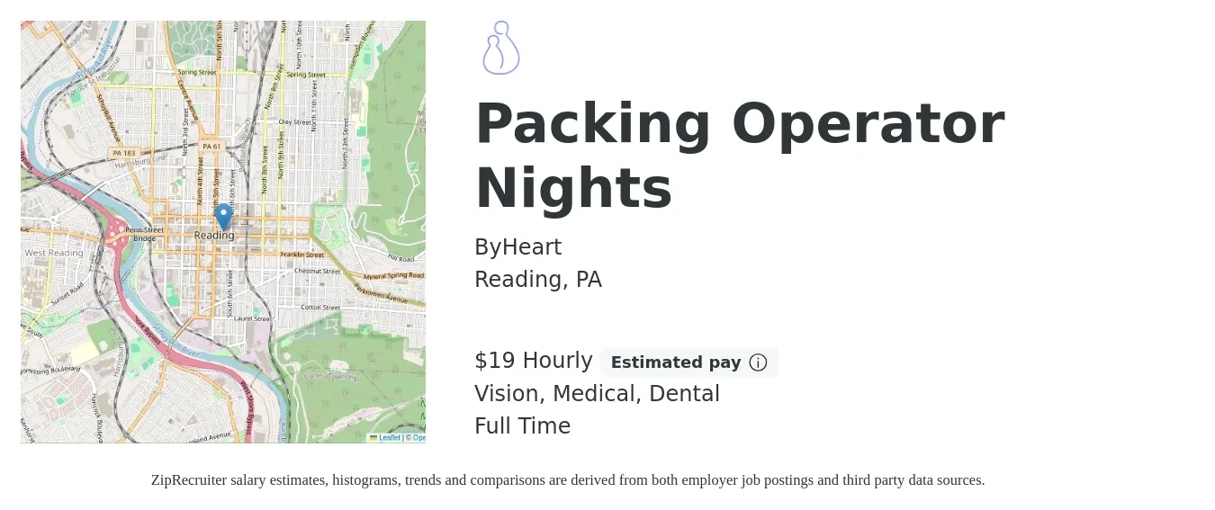 ByHeart job posting for a Packing Operator Nights in Reading, PA with a salary of $20 Hourly and benefits including medical, pto, retirement, vision, dental, and life_insurance with a map of Reading location.