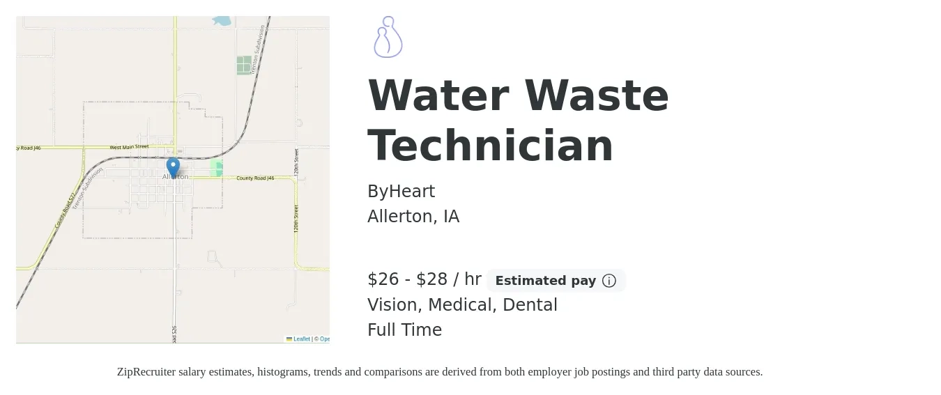 ByHeart job posting for a Water Waste Technician in Allerton, IA with a salary of $28 to $30 Hourly and benefits including pto, retirement, vision, dental, life_insurance, and medical with a map of Allerton location.