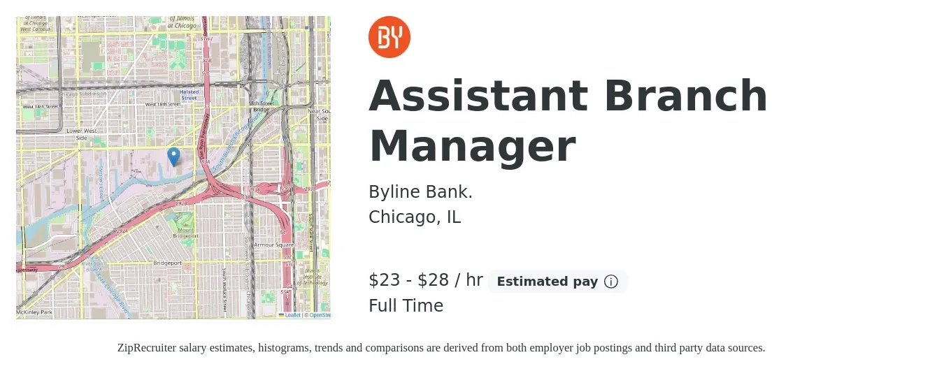 Byline Bank. job posting for a Assistant Branch Manager in Chicago, IL with a salary of $24 to $30 Hourly with a map of Chicago location.