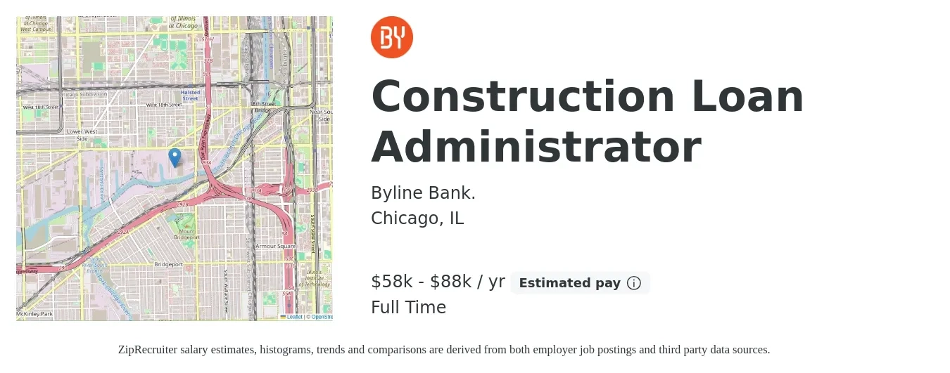 Byline Bank. job posting for a Construction Loan Administrator in Chicago, IL with a salary of $58,900 to $88,500 Yearly with a map of Chicago location.