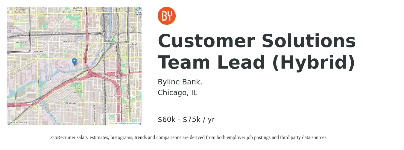 Byline Bank. job posting for a Customer Solutions Team Lead (Hybrid) in Chicago, IL with a salary of $60,000 to $75,000 Yearly with a map of Chicago location.