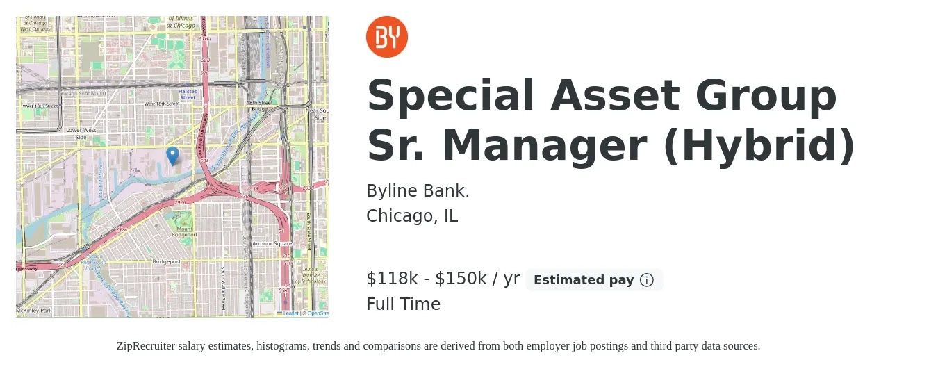 Byline Bank. job posting for a Special Asset Group Sr. Manager (Hybrid) in Chicago, IL with a salary of $118,200 to $150,000 Yearly with a map of Chicago location.