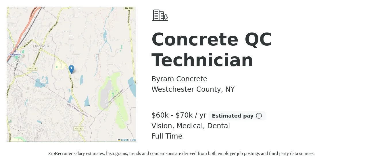 Byram Concrete job posting for a Concrete QC Technician in Westchester County, NY with a salary of $50,000 to $60,000 Yearly and benefits including medical, pto, retirement, vision, dental, and life_insurance with a map of Westchester County location.