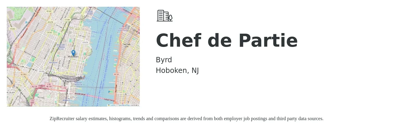 Byrd job posting for a Chef de Partie in Hoboken, NJ with a salary of $21 to $26 Hourly with a map of Hoboken location.
