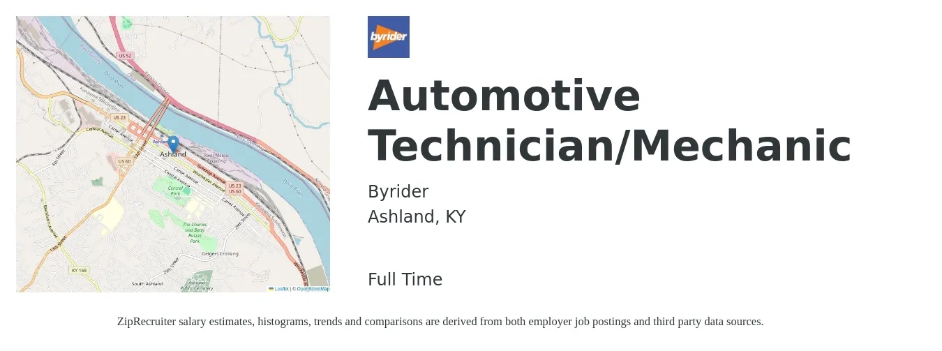 Byrider job posting for a Automotive Technician/Mechanic in Ashland, KY with a salary of $19 to $30 Hourly with a map of Ashland location.
