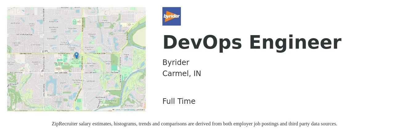 Byrider job posting for a DevOps Engineer in Carmel, IN with a salary of $50 to $68 Hourly with a map of Carmel location.