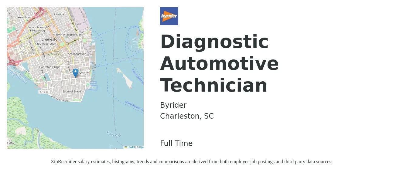 Byrider job posting for a Diagnostic Automotive Technician in Charleston, SC with a salary of $20 to $32 Hourly with a map of Charleston location.