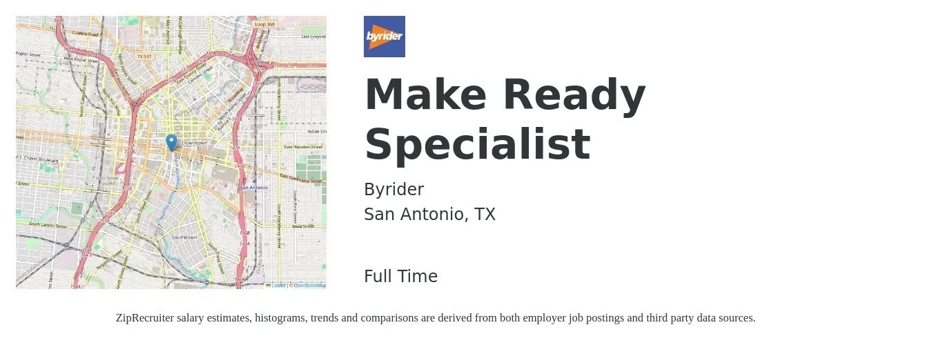 byrider job posting for a Make Ready Specialist in San Antonio, TX with a salary of $18 to $32 Hourly with a map of San Antonio location.