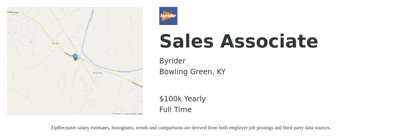 Byrider job posting for a Sales Associate in Bowling Green, KY with a salary of $100,000 Yearly with a map of Bowling Green location.