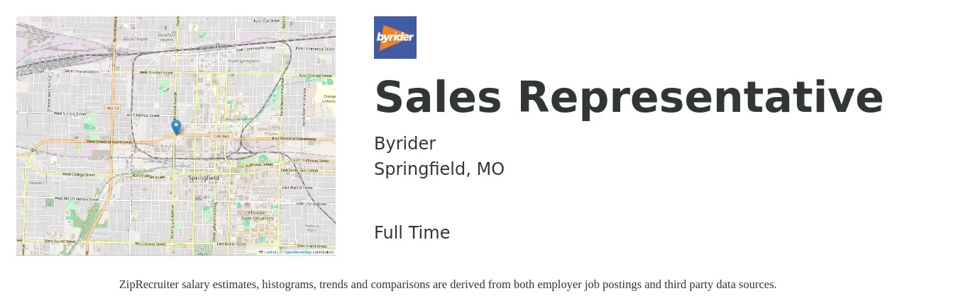 Byrider job posting for a Sales Representative in Springfield, MO with a salary of $40,000 Yearly with a map of Springfield location.