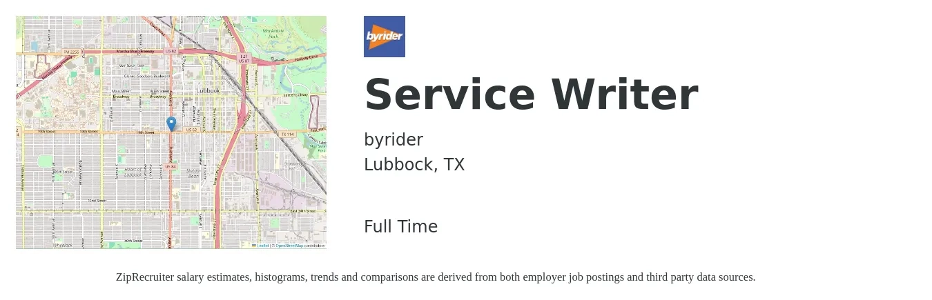 byrider job posting for a Service Writer in Lubbock, TX with a salary of $16 to $25 Hourly with a map of Lubbock location.