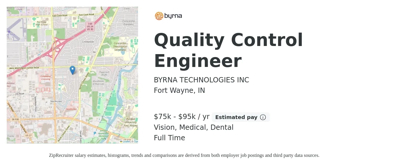 Byrna Technologies job posting for a Quality Control Engineer in Fort Wayne, IN with a salary of $75,000 to $95,000 Yearly and benefits including retirement, vision, dental, life_insurance, medical, and pto with a map of Fort Wayne location.