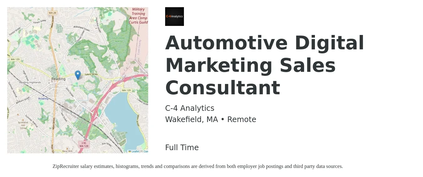 C-4 Analytics job posting for a Automotive Digital Marketing Sales Consultant in Wakefield, MA with a salary of $75,000 Yearly with a map of Wakefield location.