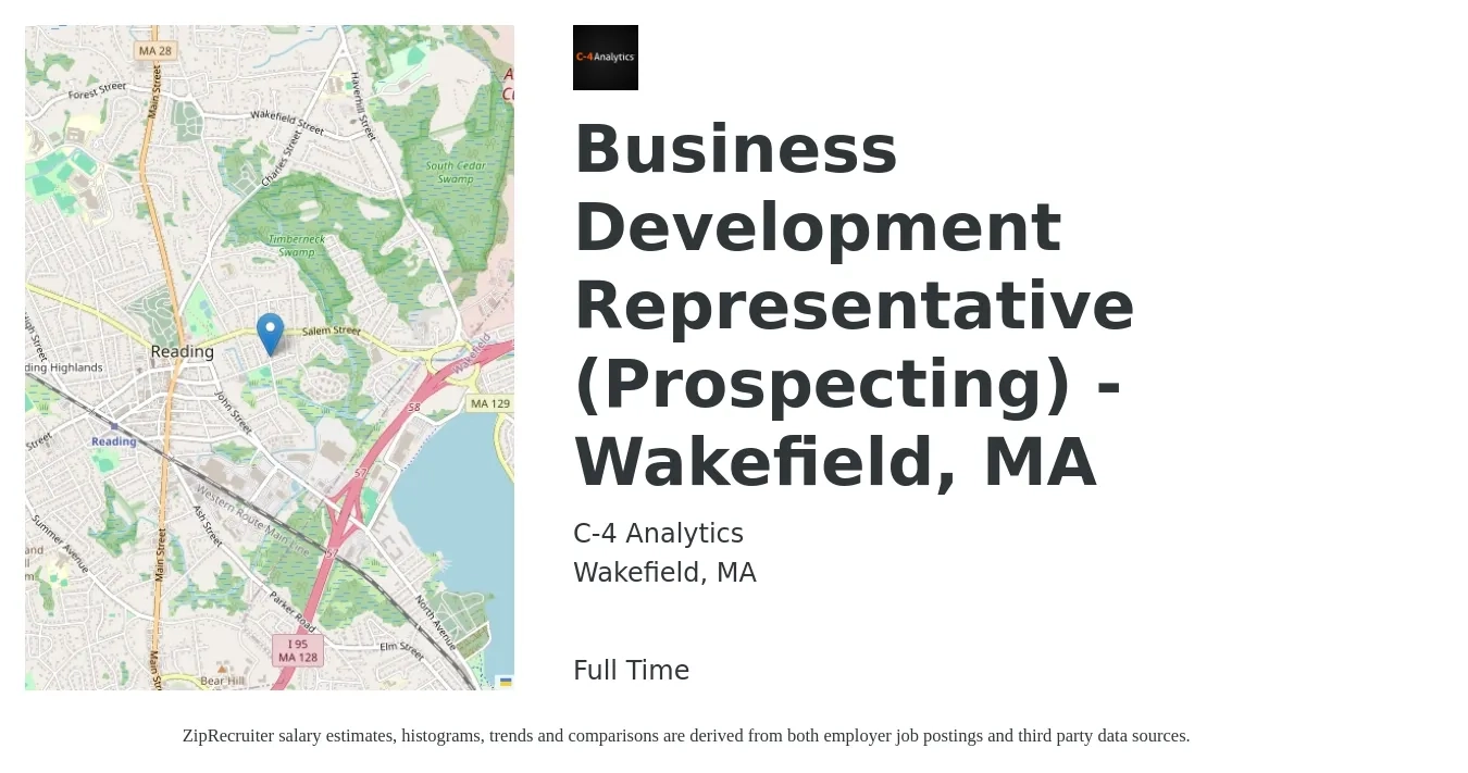 C-4 Analytics job posting for a Business Development Representative (Prospecting) - Wakefield, MA in Wakefield, MA with a salary of $45,000 to $50,000 Yearly with a map of Wakefield location.