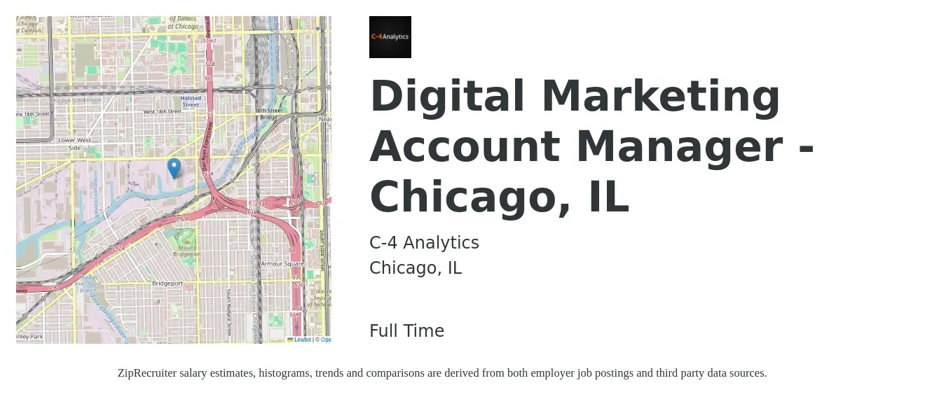 C-4 Analytics job posting for a Digital Marketing Account Manager - Chicago, IL in Chicago, IL with a salary of $65,000 Yearly with a map of Chicago location.