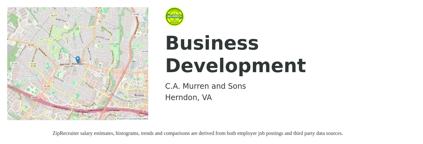 C.A. Murren and Sons job posting for a Business Development in Herndon, VA with a salary of $62,700 to $102,700 Yearly with a map of Herndon location.