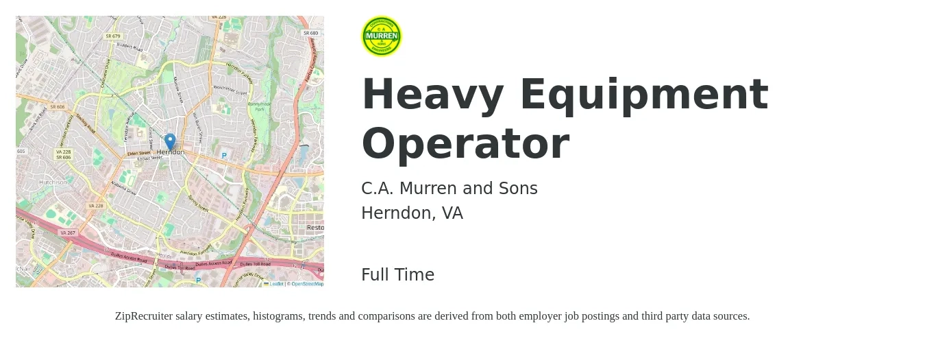 C.A. Murren and Sons job posting for a Heavy Equipment Operator in Herndon, VA with a salary of $21 to $29 Hourly with a map of Herndon location.