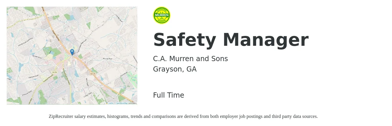 C.A. Murren and Sons job posting for a Safety Manager in Grayson, GA with a salary of $60,800 to $95,100 Yearly with a map of Grayson location.