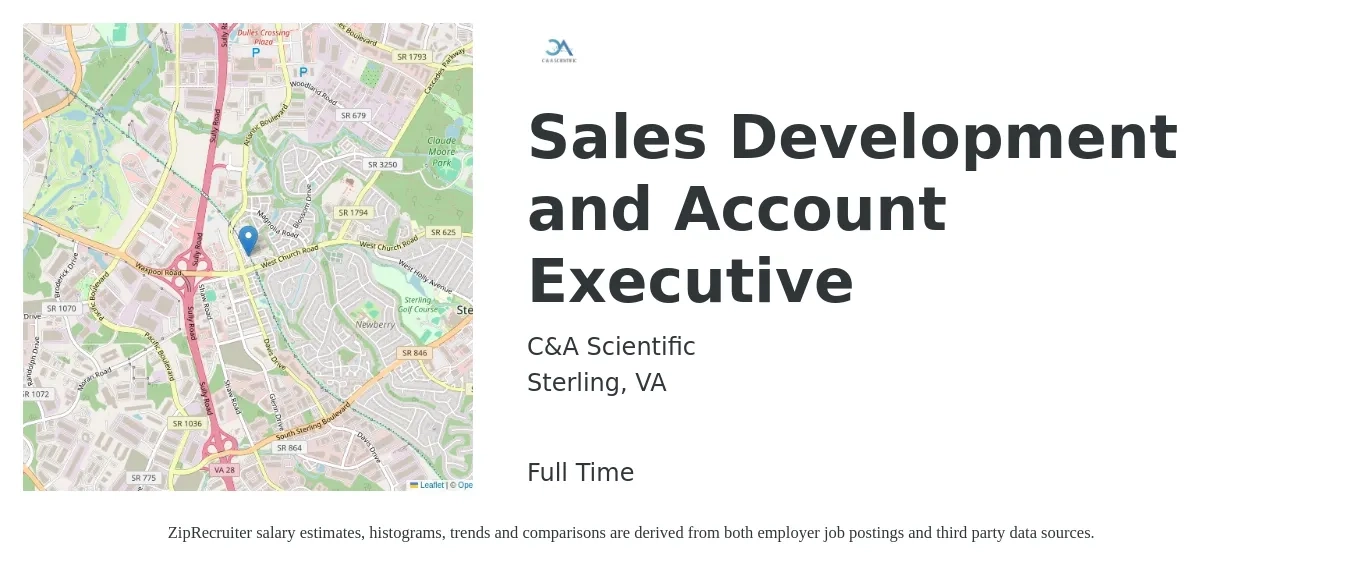C&A Scientific job posting for a Sales Development and Account Executive in Sterling, VA with a salary of $53,000 to $70,200 Yearly with a map of Sterling location.