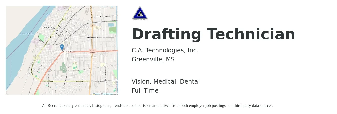 C.A. Technologies, Inc. job posting for a Drafting Technician in Greenville, MS with a salary of $18 to $24 Hourly and benefits including medical, vision, dental, and life_insurance with a map of Greenville location.