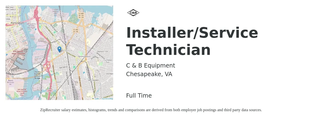 C & B Equipment job posting for a Installer/Service Technician in Chesapeake, VA with a salary of $18 to $27 Hourly with a map of Chesapeake location.