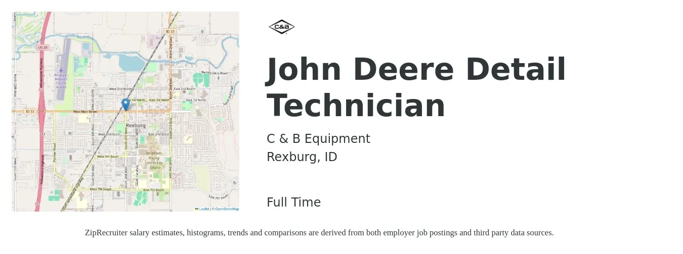 C & B Equipment job posting for a John Deere Detail Technician in Rexburg, ID with a map of Rexburg location.