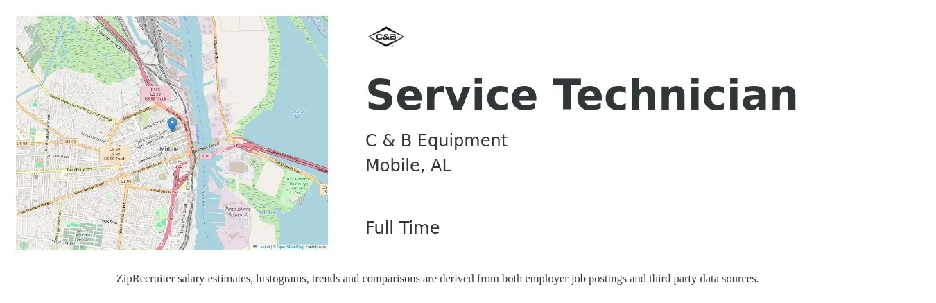 C & B Equipment job posting for a Service Technician in Mobile, AL with a salary of $20 to $28 Hourly with a map of Mobile location.