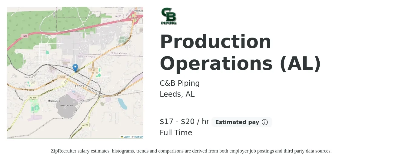 C&B Piping job posting for a Production Operations (AL) in Leeds, AL with a salary of $18 to $21 Hourly with a map of Leeds location.