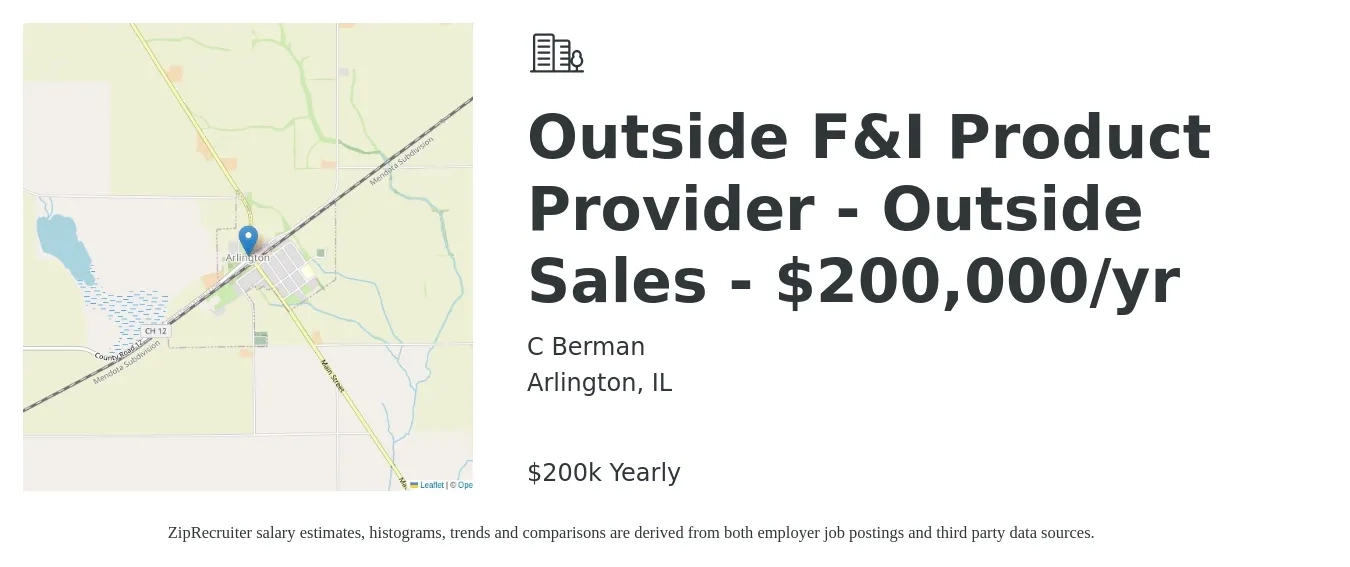 C Berman job posting for a Outside F&I Product Provider - Outside Sales - $200,000/yr in Arlington, IL with a salary of $200,000 Yearly with a map of Arlington location.