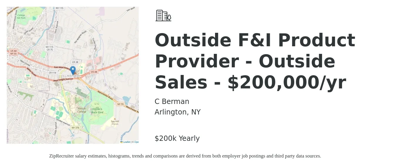 C Berman job posting for a Outside F&I Product Provider - Outside Sales - $200,000/yr in Arlington, NY with a salary of $200,000 Yearly with a map of Arlington location.