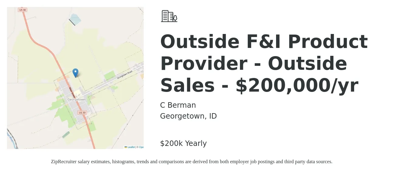 C Berman job posting for a Outside F&I Product Provider - Outside Sales - $200,000/yr in Georgetown, ID with a salary of $200,000 Yearly with a map of Georgetown location.