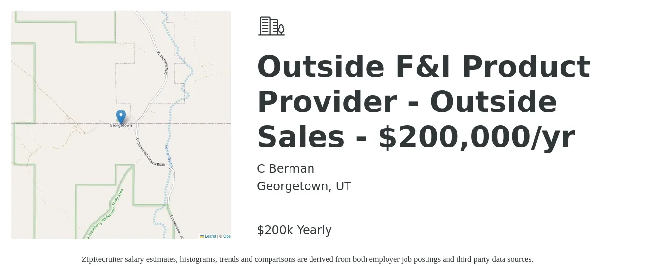 C Berman job posting for a Outside F&I Product Provider - Outside Sales - $200,000/yr in Georgetown, UT with a salary of $200,000 Yearly with a map of Georgetown location.