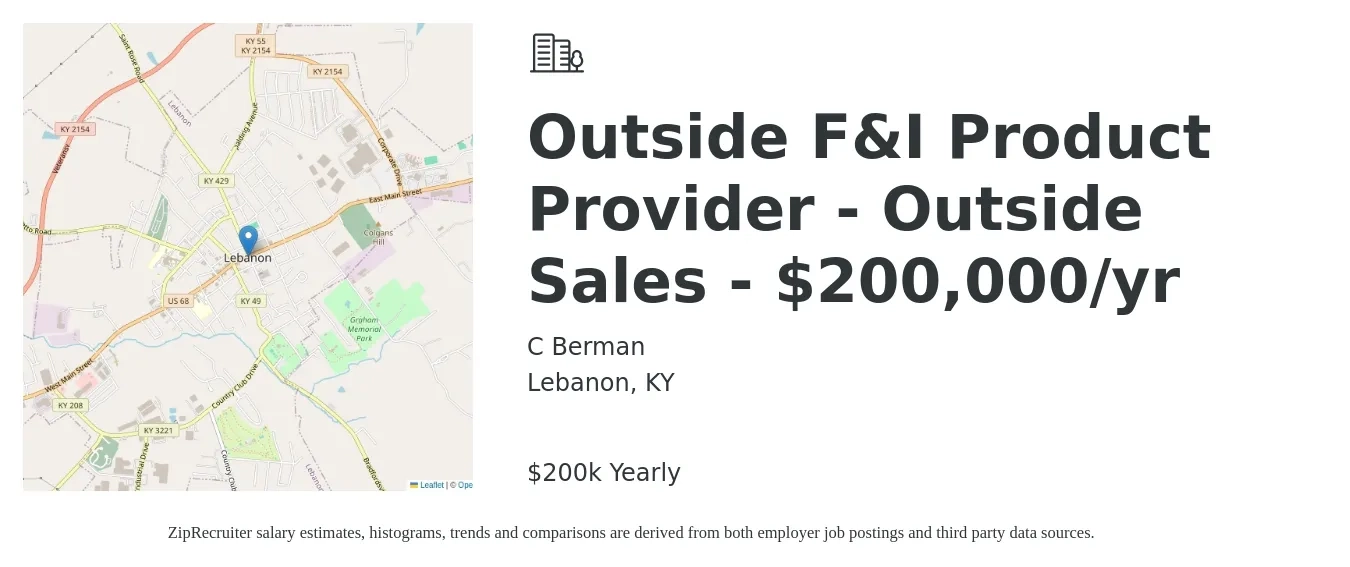 C Berman job posting for a Outside F&I Product Provider - Outside Sales - $200,000/yr in Lebanon, KY with a salary of $200,000 Yearly with a map of Lebanon location.