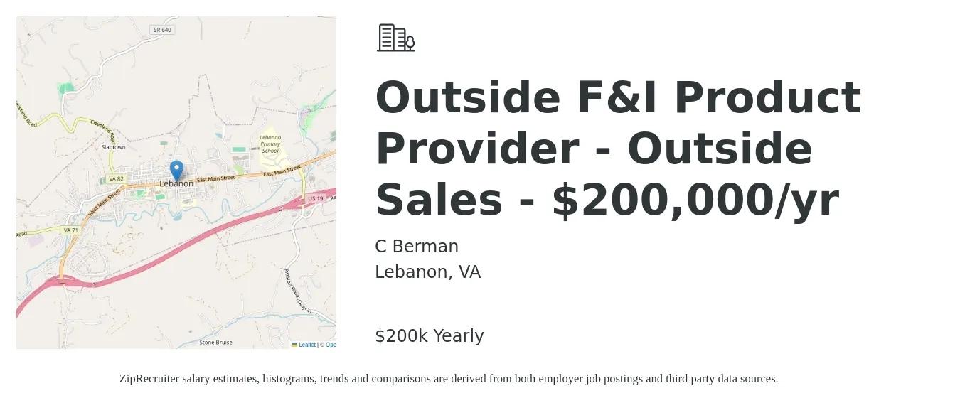 C Berman job posting for a Outside F&I Product Provider - Outside Sales - $200,000/yr in Lebanon, VA with a salary of $200,000 Yearly with a map of Lebanon location.