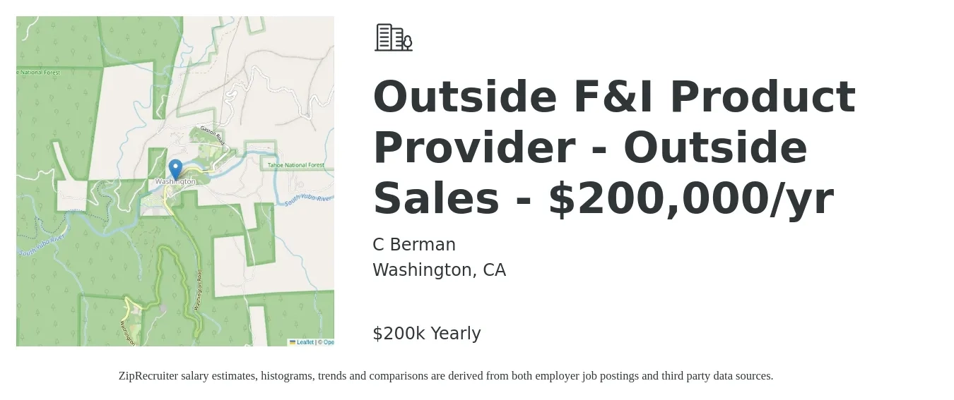 C Berman job posting for a Outside F&I Product Provider - Outside Sales - $200,000/yr in Washington, CA with a salary of $200,000 Yearly with a map of Washington location.