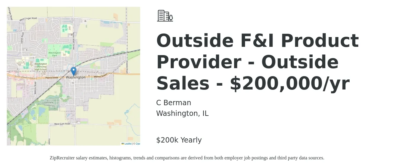 C Berman job posting for a Outside F&I Product Provider - Outside Sales - $200,000/yr in Washington, IL with a salary of $200,000 Yearly with a map of Washington location.