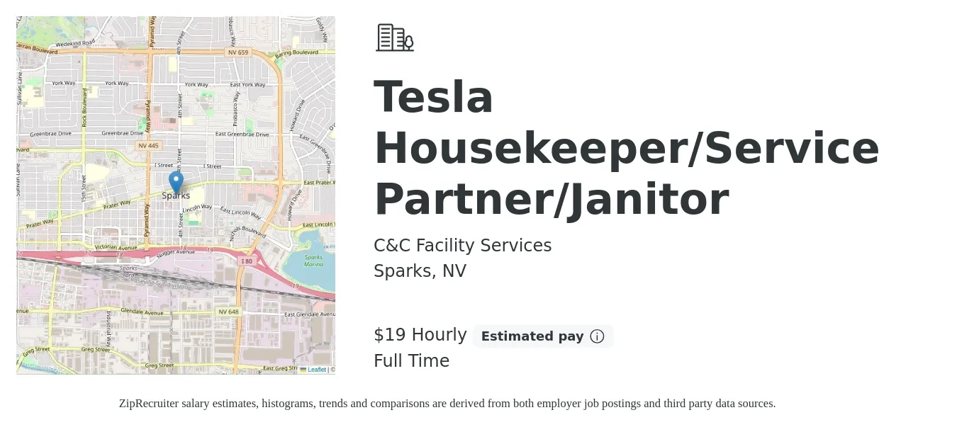 C&C Facility Services job posting for a Tesla Housekeeper/Service Partner/Janitor in Sparks, NV with a salary of $20 Hourly with a map of Sparks location.