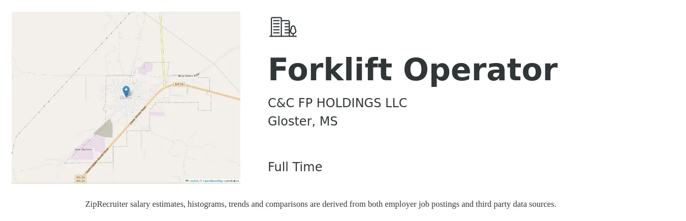 C&C FP HOLDINGS LLC job posting for a Forklift Operator in Gloster, MS with a salary of $14 to $16 Hourly with a map of Gloster location.