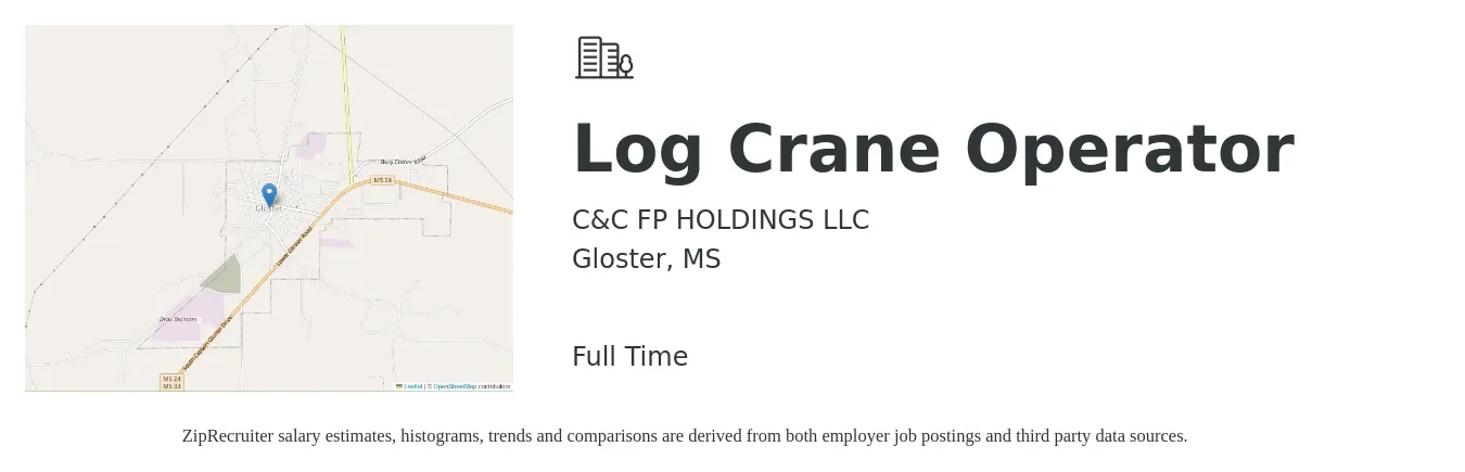 C&C FP HOLDINGS LLC job posting for a Log Crane Operator in Gloster, MS with a salary of $18 to $28 Hourly with a map of Gloster location.