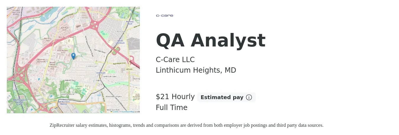 C-Care LLC job posting for a QA Analyst in Linthicum Heights, MD with a salary of $22 Hourly with a map of Linthicum Heights location.