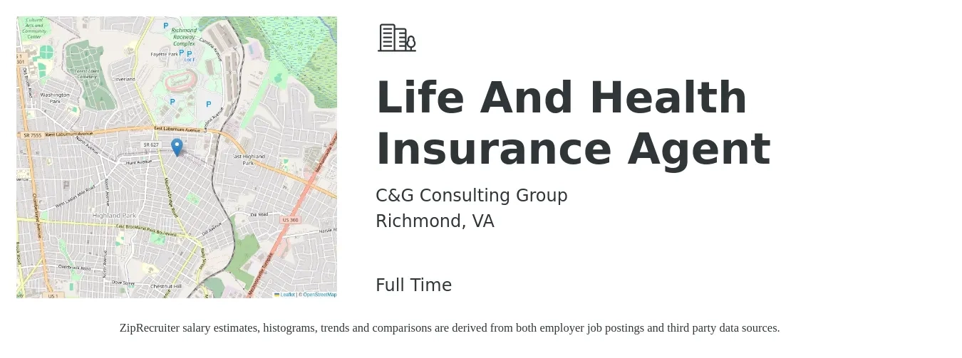C&G Consulting Group job posting for a Life And Health Insurance Agent in Richmond, VA with a salary of $56,900 to $120,700 Yearly with a map of Richmond location.