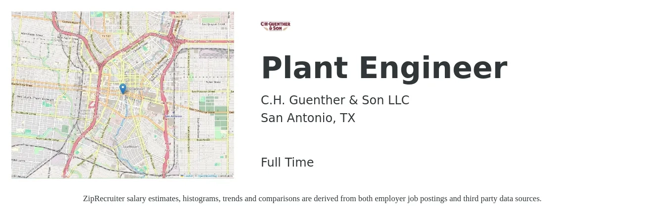C.H. Guenther & Son LLC job posting for a Plant Engineer in San Antonio, TX with a salary of $70,800 to $108,200 Yearly with a map of San Antonio location.