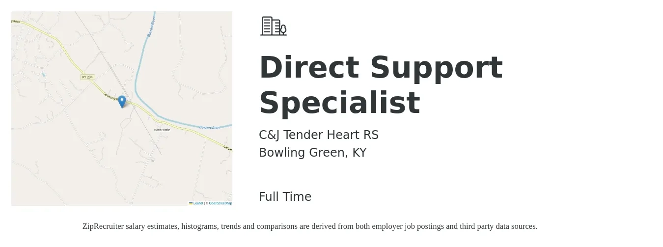 C&J Tender Heart RS job posting for a Direct Support Specialist in Bowling Green, KY with a salary of $14 to $16 Hourly with a map of Bowling Green location.