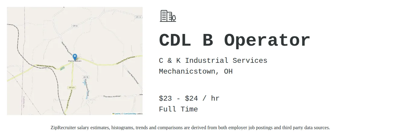 C & K Industrial Services job posting for a CDL B Operator in Mechanicstown, OH with a salary of $24 to $26 Hourly and benefits including Medical, Vision, Dental, PTO, Life, and Retirement with a map of Mechanicstown location.