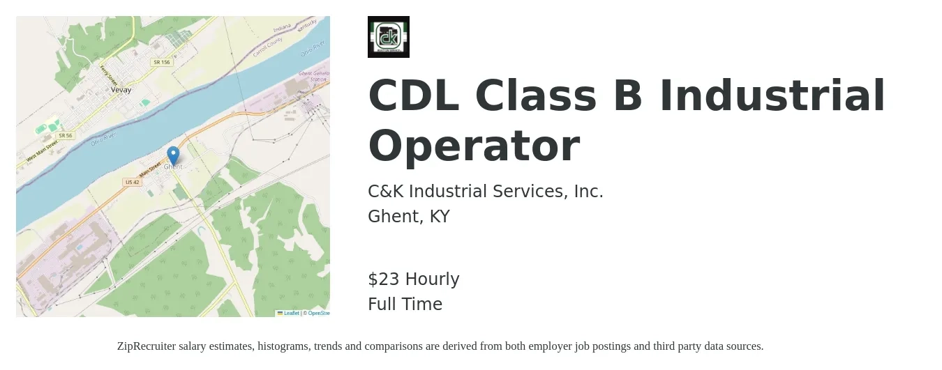 C&K Industrial Services, Inc. job posting for a CDL CLASS B INDUSTRIAL OPERATOR in Ghent, KY with a salary of $24 Hourly with a map of Ghent location.