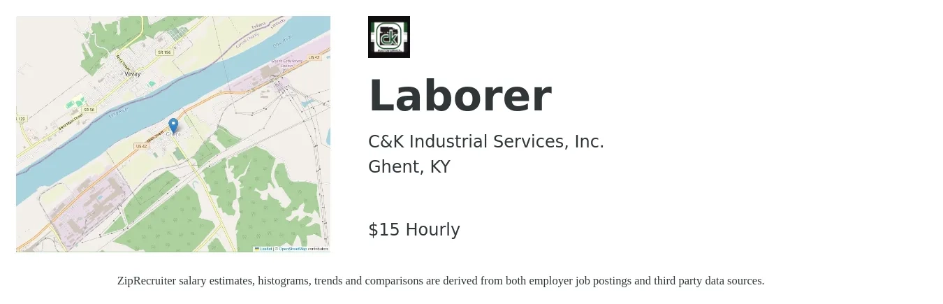 C&K Industrial Services, Inc. job posting for a Laborer in Ghent, KY with a salary of $16 Hourly with a map of Ghent location.